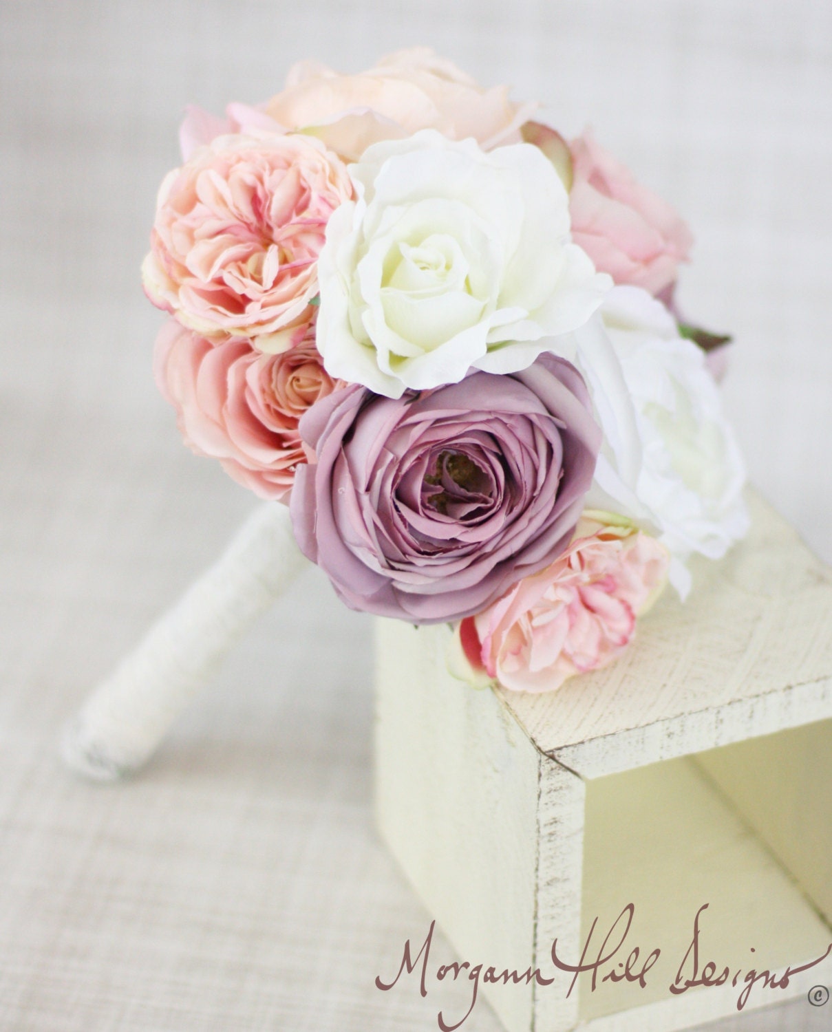 Silk Bridesmaid Bouquet Peony Peonies Roses Ranunculus Country Wedding Lace (Item Number 130110)