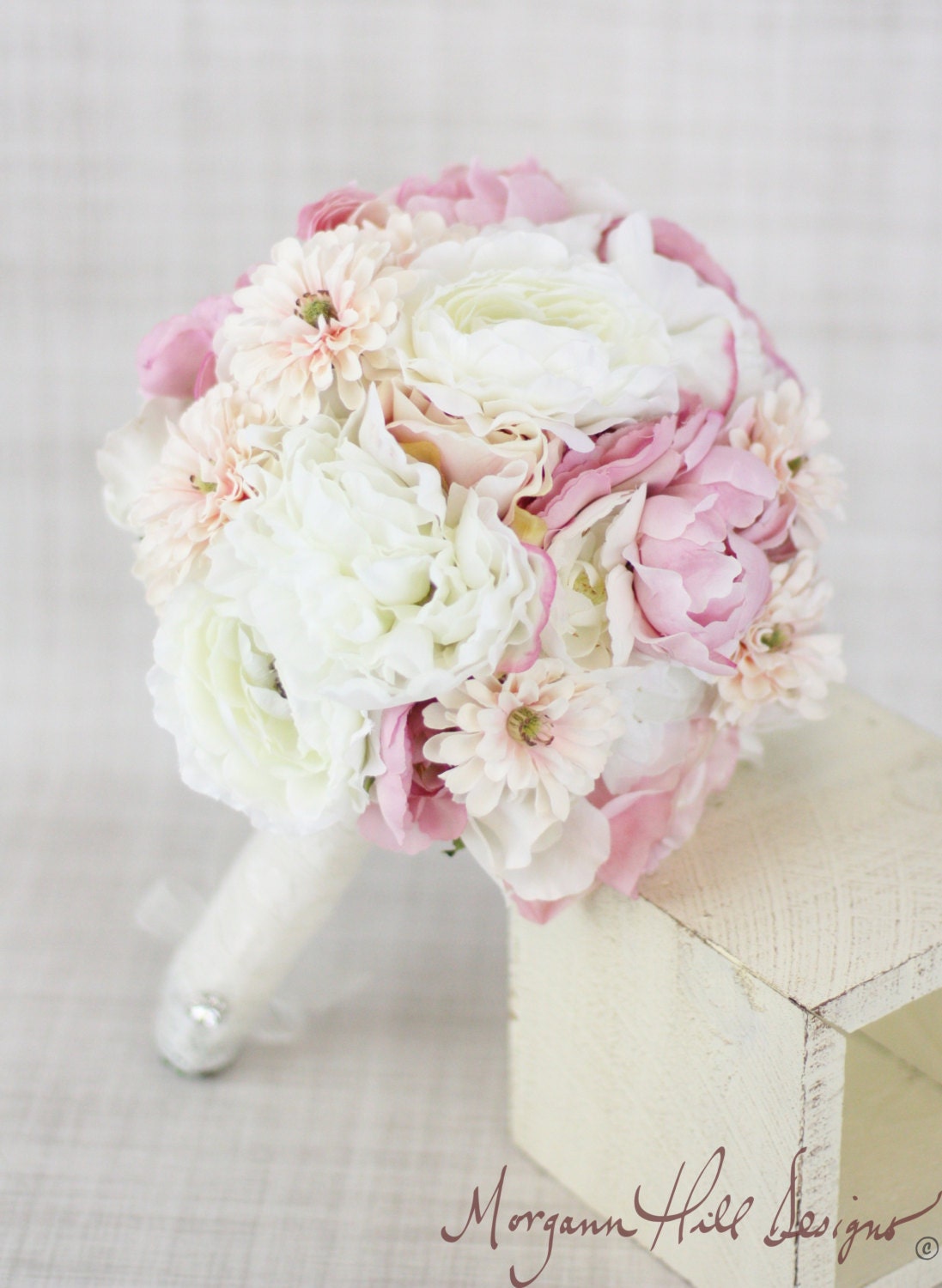 Silk Bride Bouquet Peony Peonies Roses Ranunculus Daisies Country Wedding Lace (Item Number 130113)