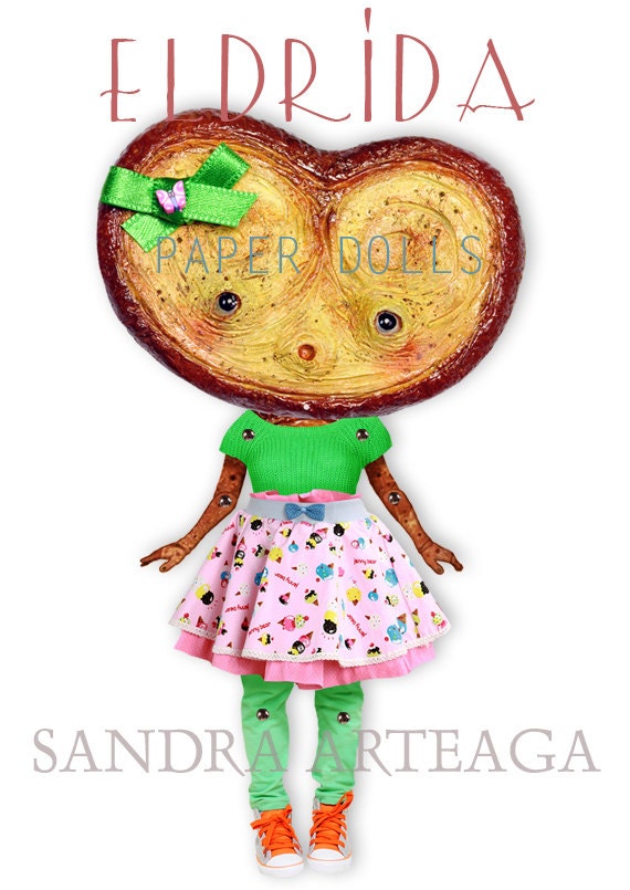 Eldrida - articulated Paper Doll 9.1 inches - cookie pastels puppet green pink  wonderland tea party ooak cookie doll