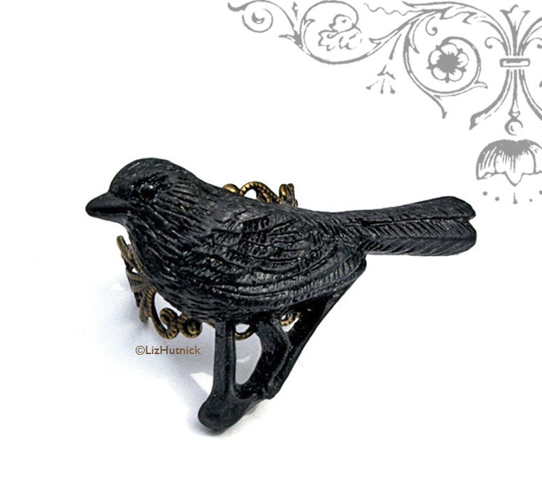 Raven Ring. Filigree Ring. Adjustable Ring. Black Crow Ring.