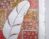 White feather on orange geometric background -- original ink drawing
