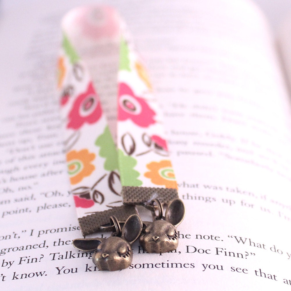 Ribbon Bookmark - Shy Bunnies, Woodland Floral, Antique Brass