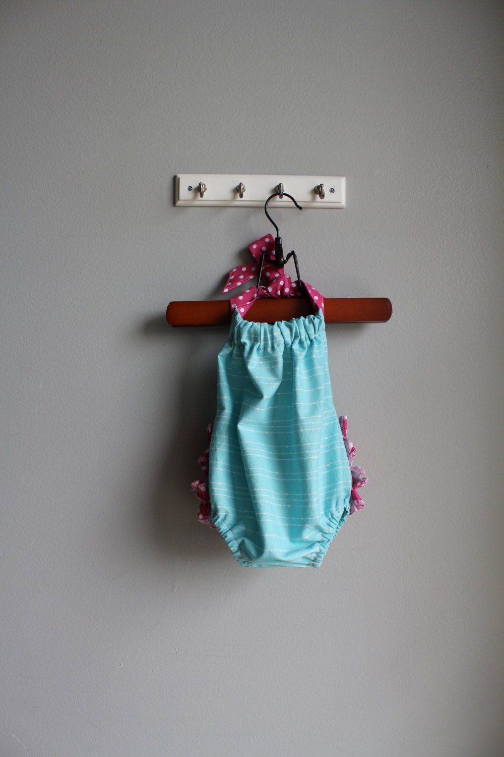 Ruffled Sun Suit for Girls- Size 3-6 Month- Baby Spring/Summer Romper- Sky Blue and Bright pink polka dots