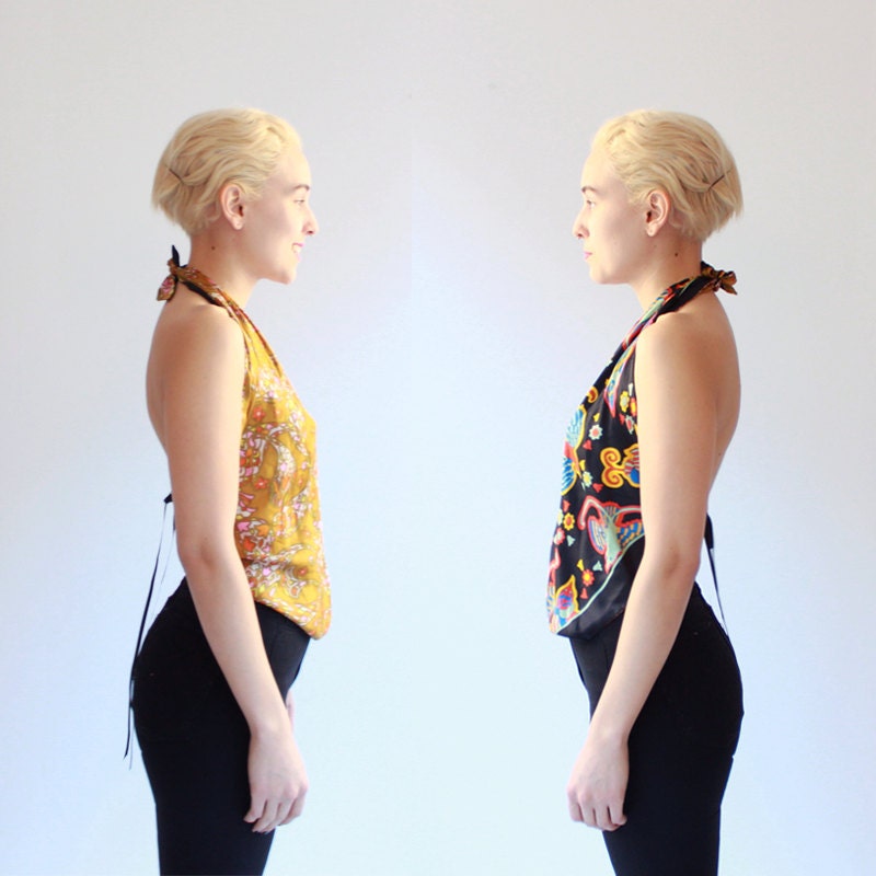 Silk Liberty top - halter - reversible - scarf - paisley - birds - black - gold