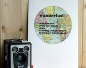 Wanderlust dictionary definition typographic map print gift for travellers