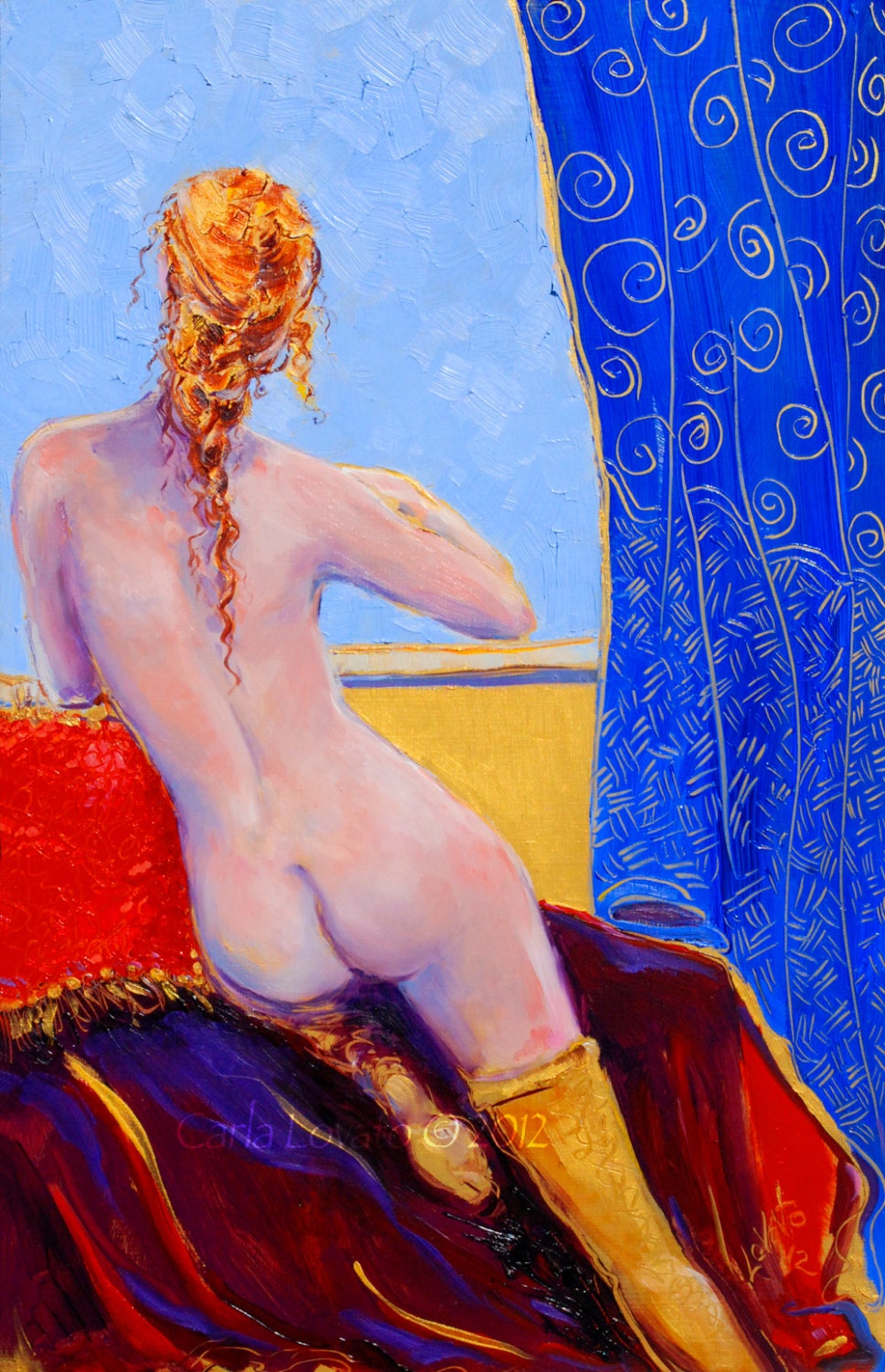 Oil painting Original Nude Woman Figure Female Red Pillow Parlor painting