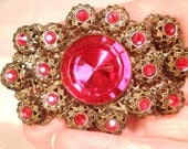 Vintage Antique Brooch Filigree Edwardian Estate Victorian Ruby Red Czech Crystal Chunky Rhinestones Rare Edwardian Brides Statement