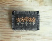 Brooch with Hand Embroidered Peach  Flowers on Blue Gray Linen