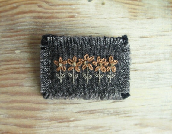 Brooch with Hand Embroidered Peach  Flowers on Blue Gray Linen