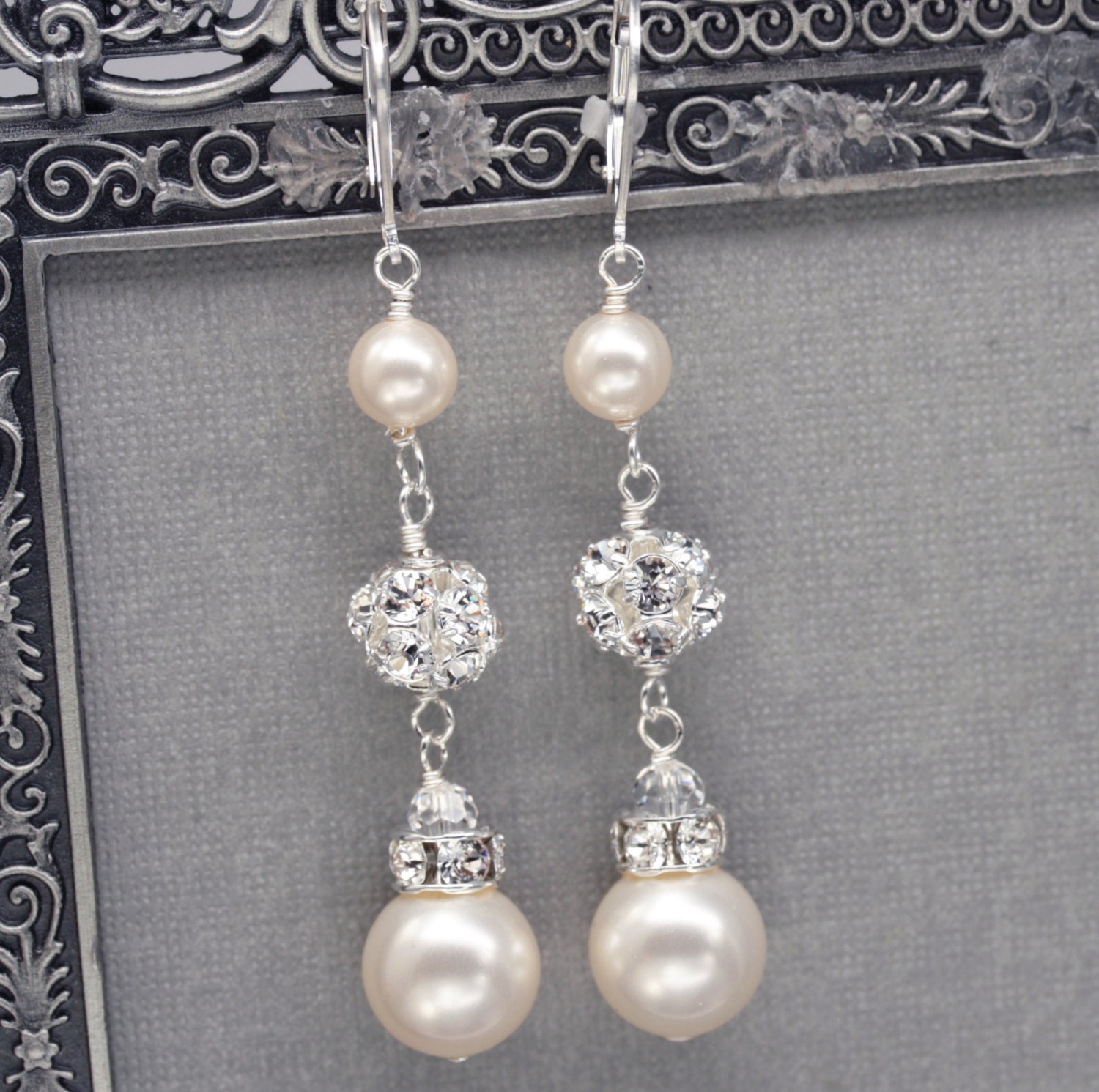 Long Pearl and Rhinestone Dangle Earrings, Bridal Wedding Jewelry, Ivory Pearl Drop Earrings, Swarovski Pearl Jewelry