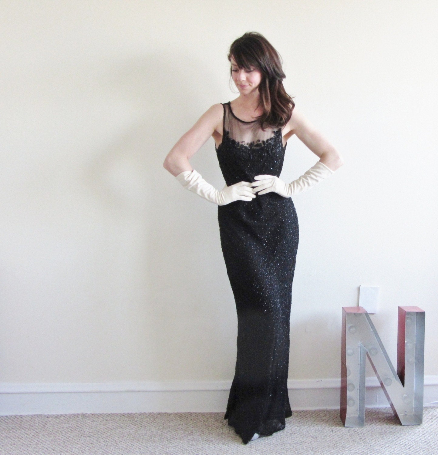 black beaded gown . sheer illusion sequin dress .medium .sale