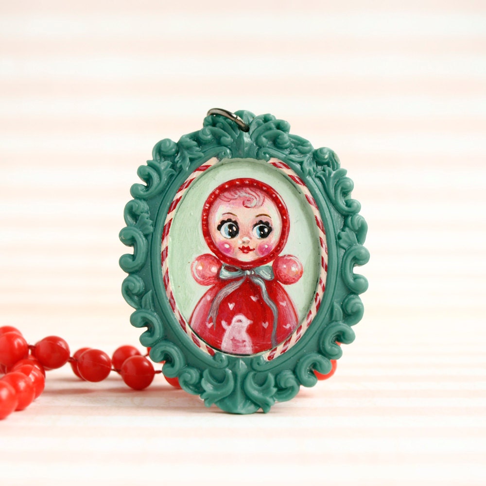 Nevalyashka Roly Poly doll. portrait of vintage icon. original cameo necklace with original miniature painting. lowbrow art by KarolinFelix