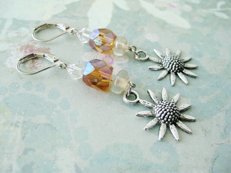 I-57 Sunny Days - Sunflower - AB Faceted Glass - Swarovski Crystal Rhodium and Tibetan Silver Earrings