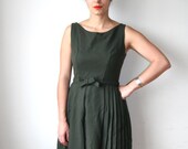 60s Olive Wool Pleated Mad Men Dress Sz XS