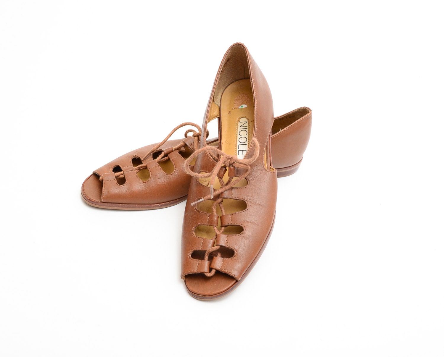 80s Brown Cut Out Shoes - NICOLE Lace Up Boho Gladiator Flats Sandals - US 7 // EURO 37.5