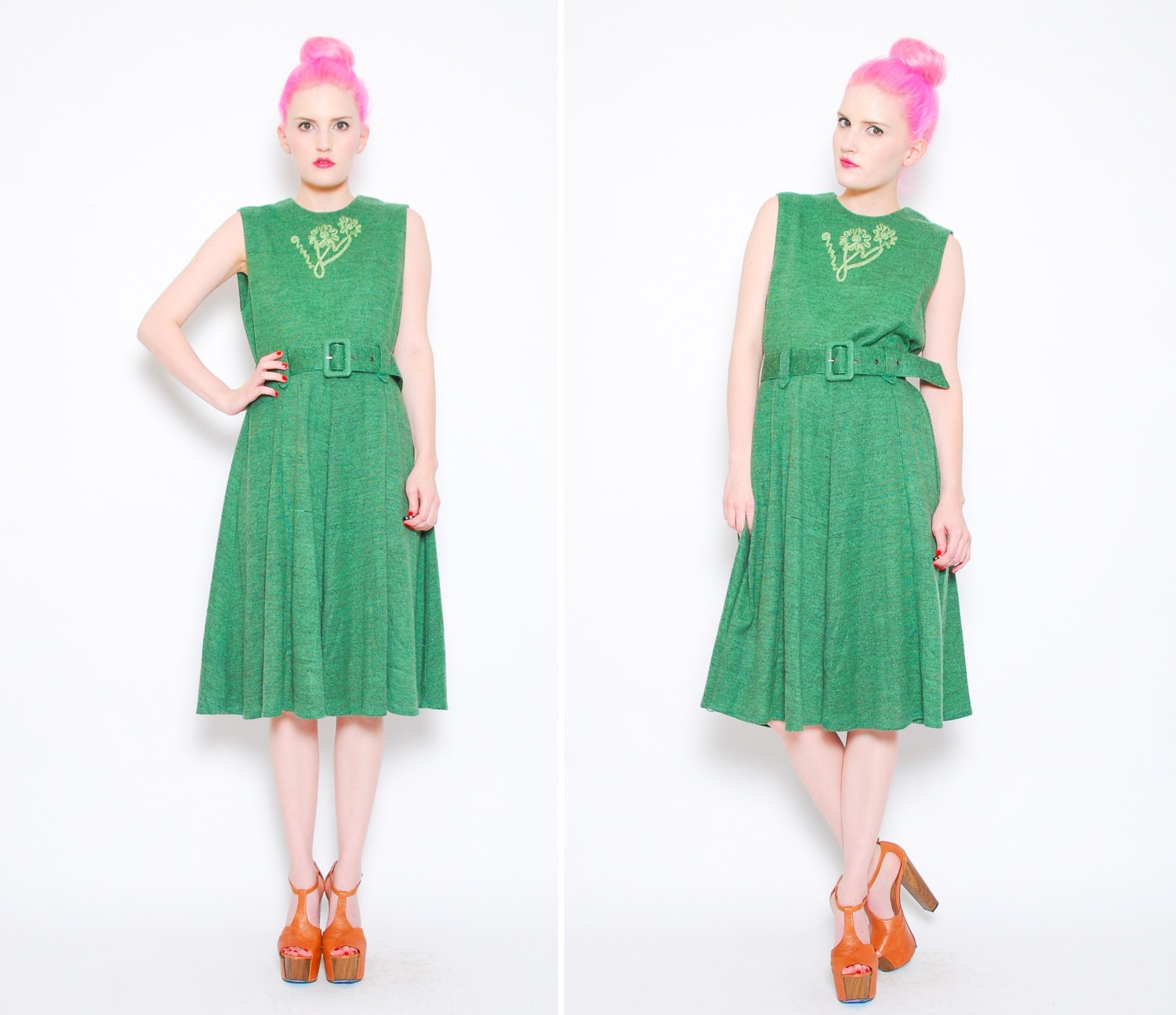 60s Green Sleeveless Floral Applique Dress - 1960s Retro Full Skirt Belted Dress - M 8 10