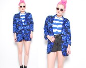 80s Blue Floral Print Blazer - 1980s Slouchy Draped Boyfriend Blazer Jacket - Black // Blue - S M
