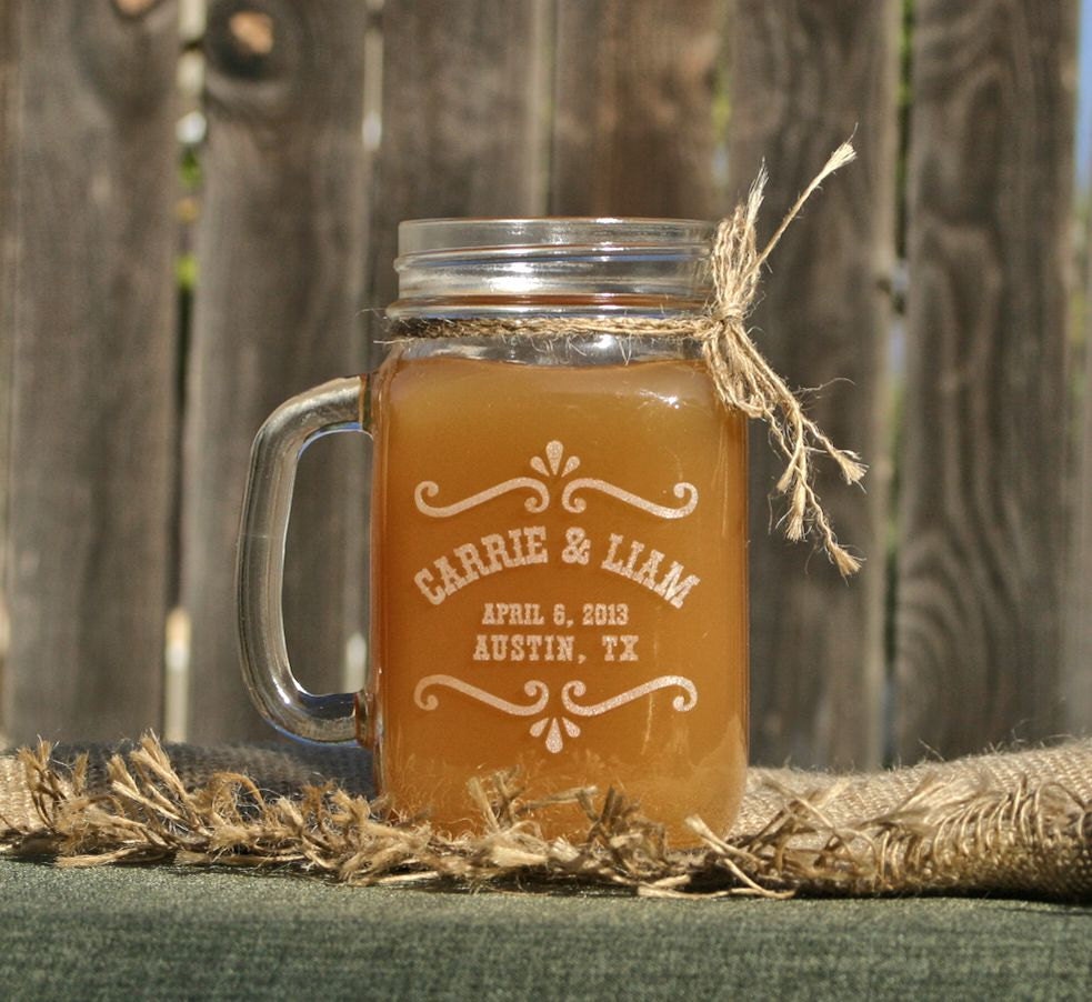 Rustic Mason Jar, Barn Wedding Decor, Rustic Toasting Glasses, Mason Jar Glasses, Personalized Etched Mugs for Barn Wedding Favors