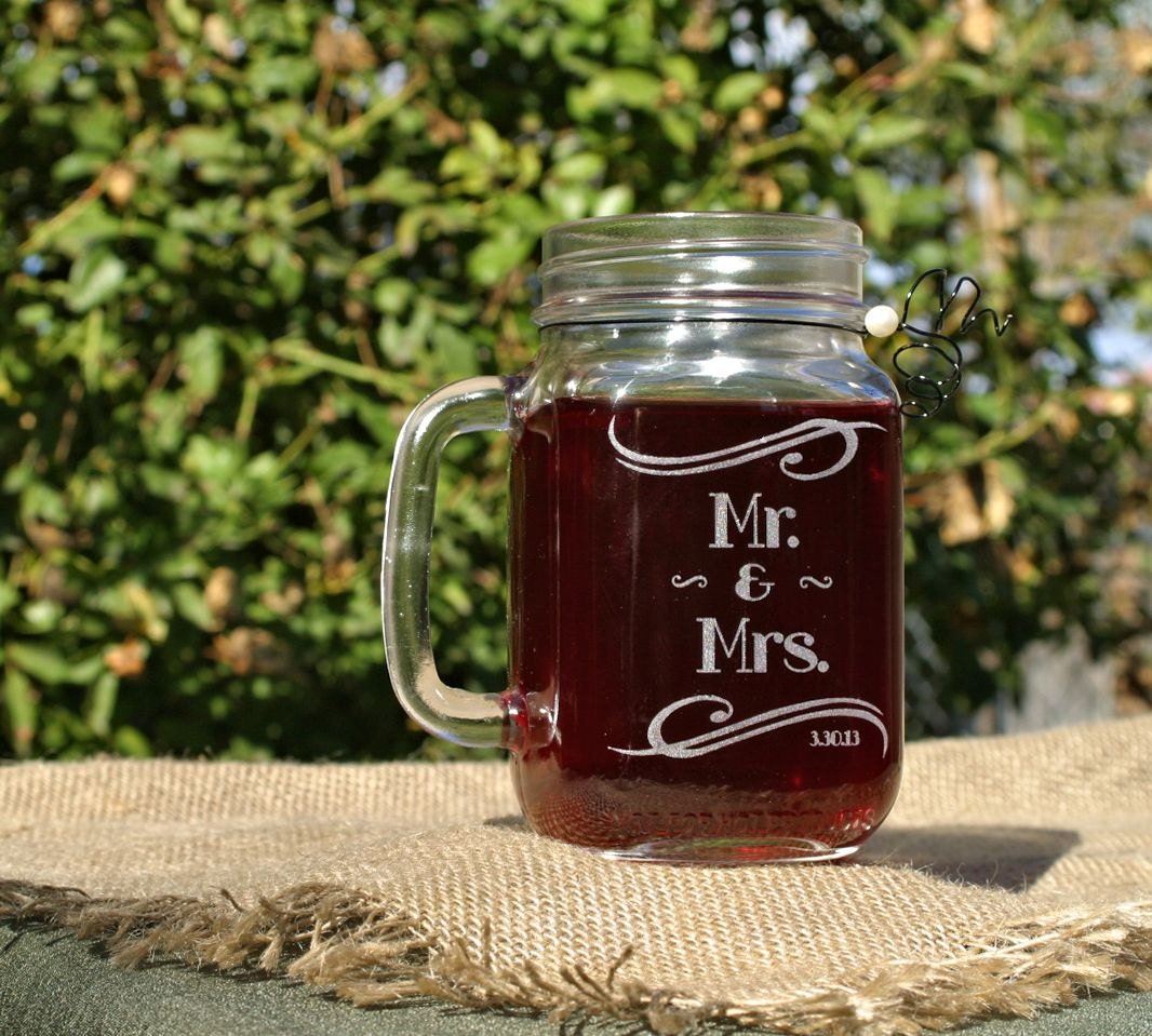 Personalized Mom Mug, Mr and Mrs,Mason Jar Glasses Laser etched w/ Your Custom Design, Love, Kitchen Gift, Wife Gift
