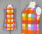 Vintage 60s Dress Mod 1960s Summer Sun Dress Bright Colorful Painterly Plaid or Checkered Small Medium