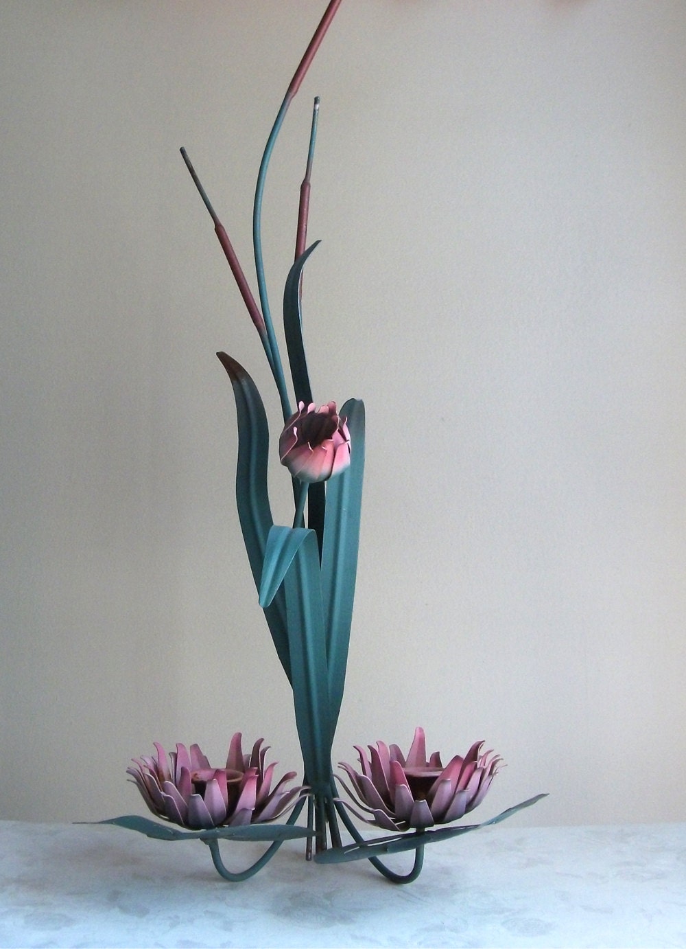 Vintage Metal Toleware Wall Candle Sconce - Water Lily