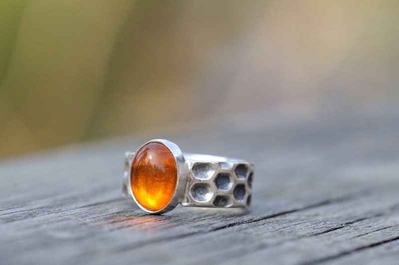 Honeycomb ring with amber cabochon. Sterling silver ring size 5.