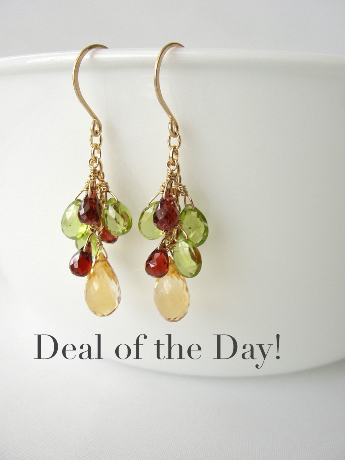 Semi Precious Drop Earrings, Garnet, Peridot, and Citrine in Gold Fill, Multi Gemstone, BlueRoomGems