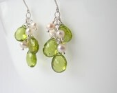 Peridot and Pearl Earrings for Brides in Sterling Silver, Green Gemstone Bridal Jewelry, Summer Wedding