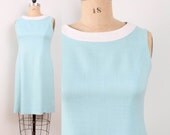 1960s Linen Shift Dress - Womens L - Pale Sky Blue & White Sleeveless 60s Day Dress Rona Summer Knee Length Basic Frock Sheath Dress