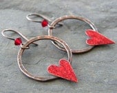 Copper Red Heart Earrings Round Circle Hoop Link Whimsical Valentine Oxidized Hammered Red Crystal  Artisan Jewelry