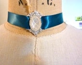 Ivory Jewel Choker Necklace Teal Blue Satin Ribbon Sparkle Glitter Victorian Steampunk Gothic Lolita Burlesque by Joolienn on etsy