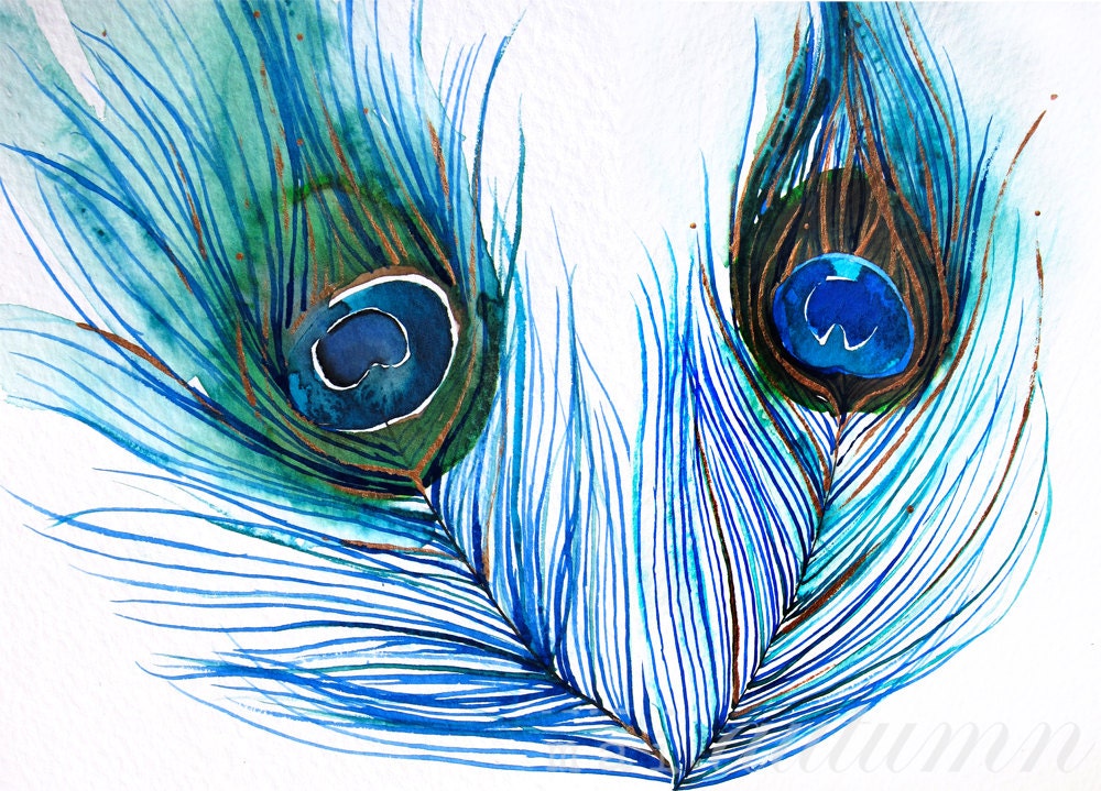 30% Off SALE - Feather Watercolor - Two Peacock Feathers- Bird Painting - Bright Color - 11x14 Giclee Print - Wall Art - Watercolor Paintin
