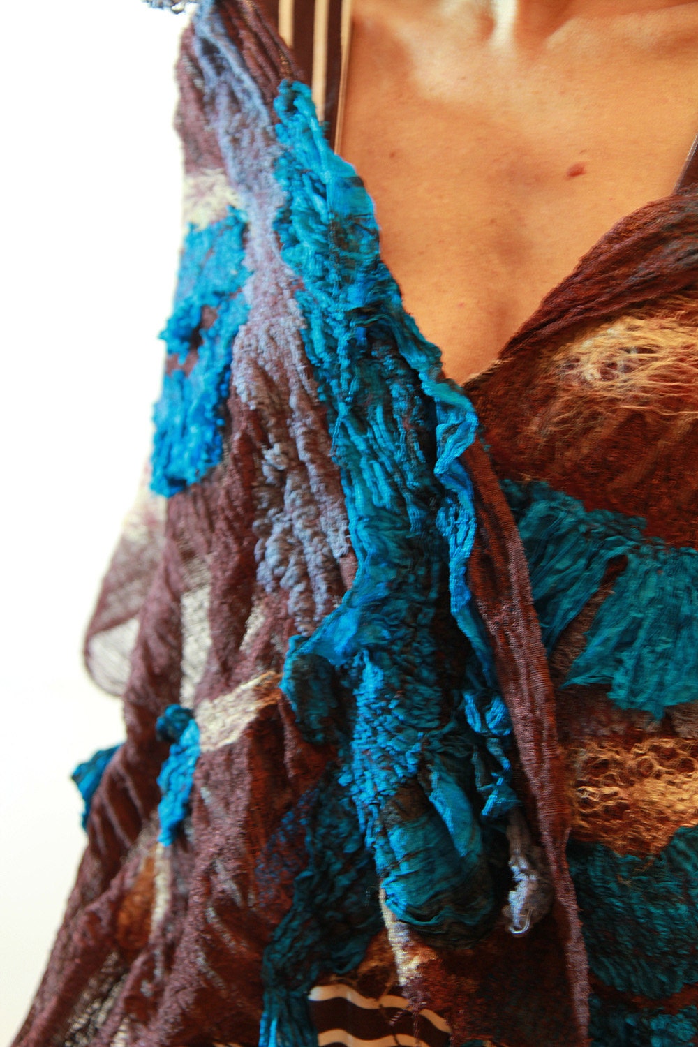 Made to order nunofelted scarf shawl merino wool silk turquoise aqua electric blue teal brown