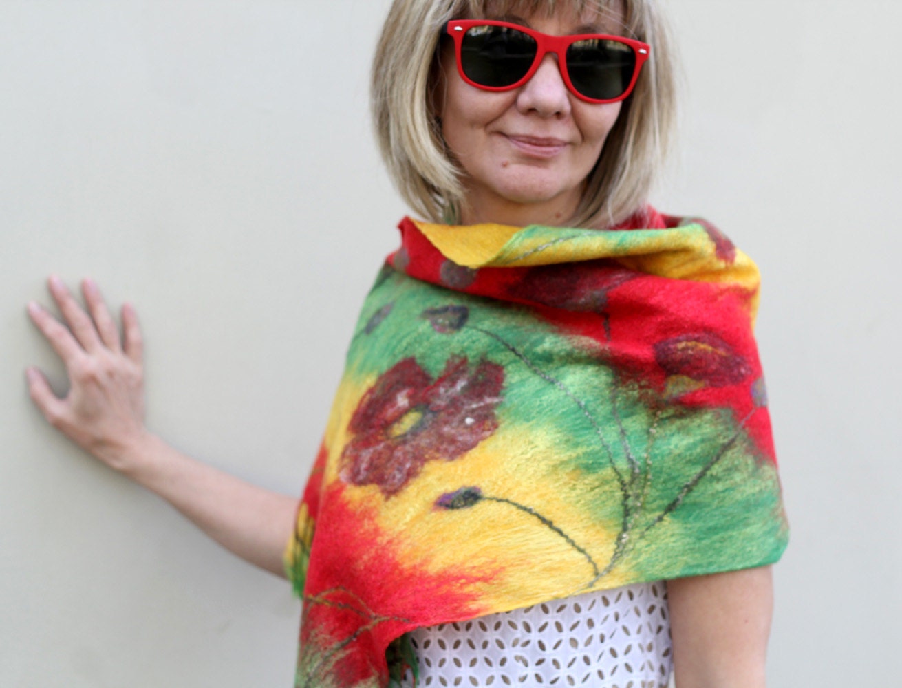 Nunofelted rainbow multicolored merino wool and cotton shawl scarf with red poppies fashion for her - "Happy Summer"