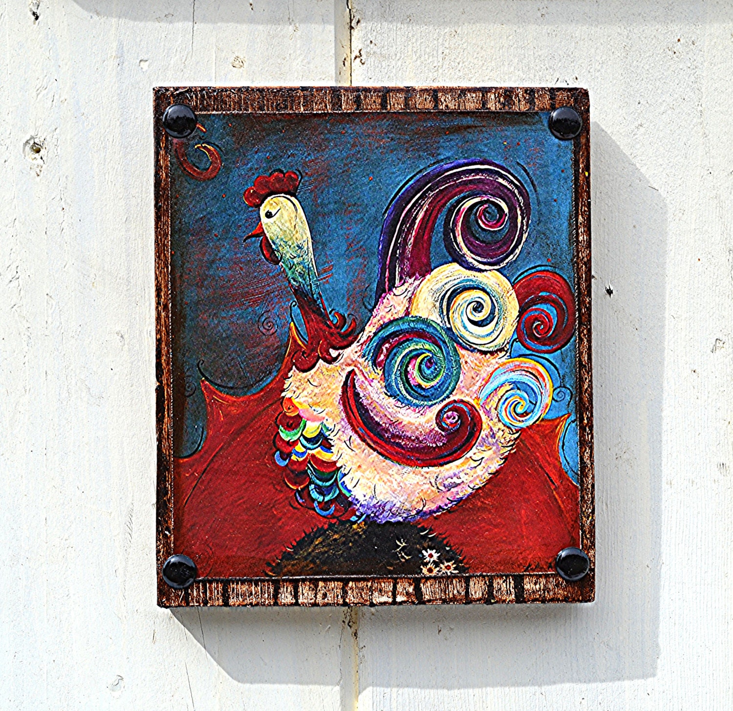 Rainbow Rooster Art Print Whimsical Colorful Folk Art Upcycled Wood Brilliant Colors Kitchen Art