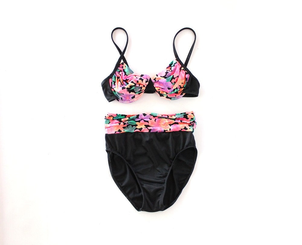 Vintage 80s Neon Floral & Black High Waisted Two Piece Bikini // Beach Swimsuit