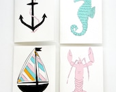 Hand Painted Greetings - Deep Blue Sea Nautical Greetings - Set of 8