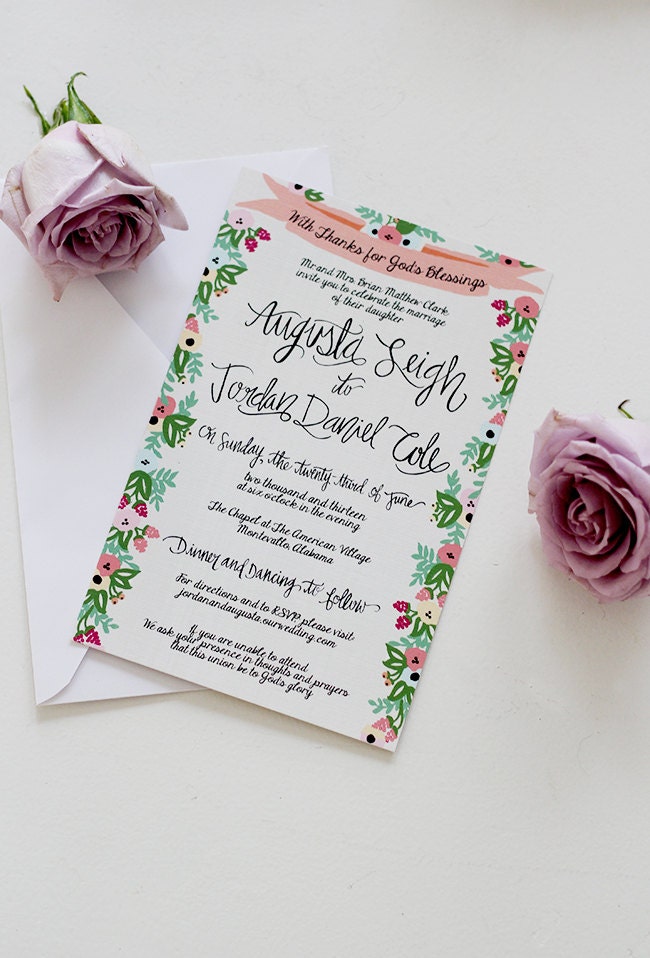 Hand Painted Wedding Invitations - Floral Border & Banner - Customizable