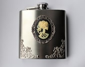 Day of the Dead Lolita Skeleton Girl Cameo Filigree Gothic Stainless Steel Flask with Funnel - DahliaDeranged
