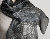 READY TO SHIP Hand Painted Monochrome Pure Silk Scarf  Peacock Feathers White and Black Grey Fashion Present Luck Love