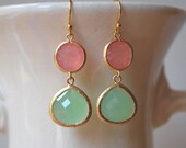 Spring Collection 2013. Mint Green and Pink Salmon Colorblock Earrings. Spring Earrings. Bridesmaid Earrings. Weddings.