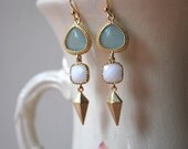 Keira Earrings. Amazonite Blue, White and Diamond Stud Dangle Earrings.