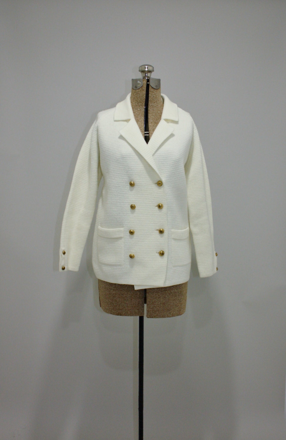 Weekend Sale - vintage 60s MOD cardigan - Ahoy Cutie nautical double breasted sweater jacket white gold sailor pockets