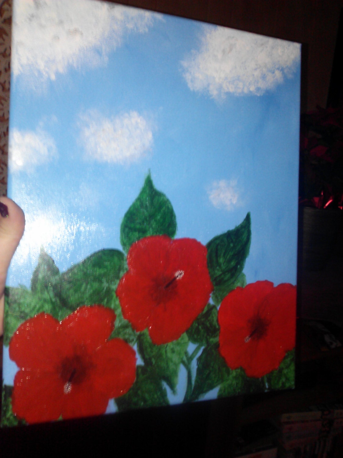 Hibiscus Trio -- Original painting -- glossy finish -- bright home decor