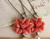 Vintage Lily Flower Dangle Earrings -coral, shabby chic, repurposed, long