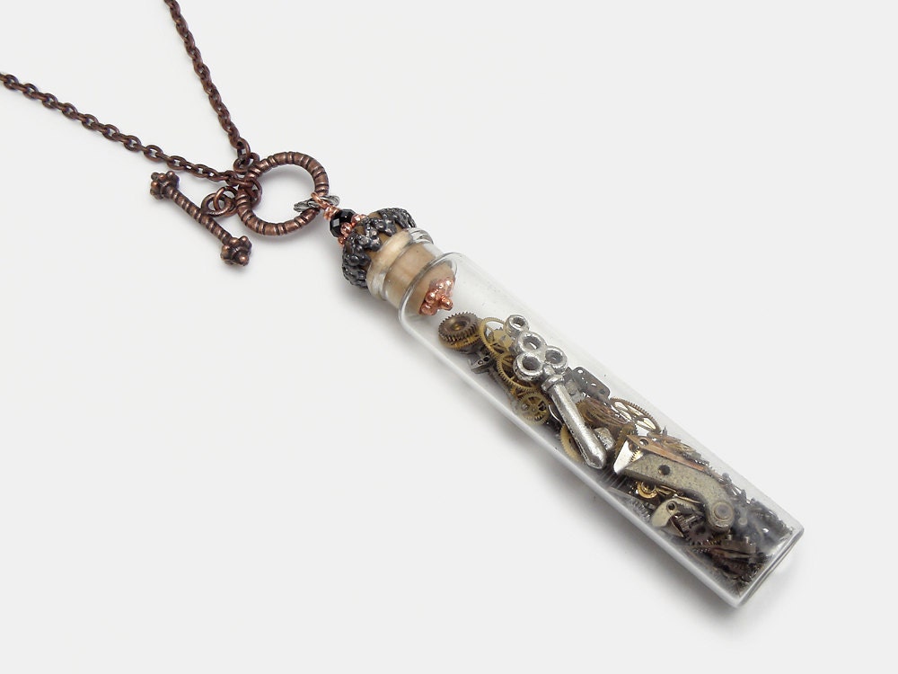 Steampunk Necklace vintage glass vial bottle watch movement parts gears cogs skeleton key silver filigree Victorian Steampunk jewelry R1041