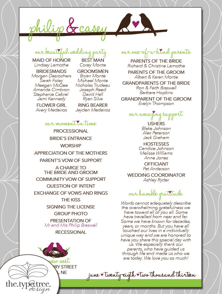 Love Birds Wedding Program - Customizable PDF File