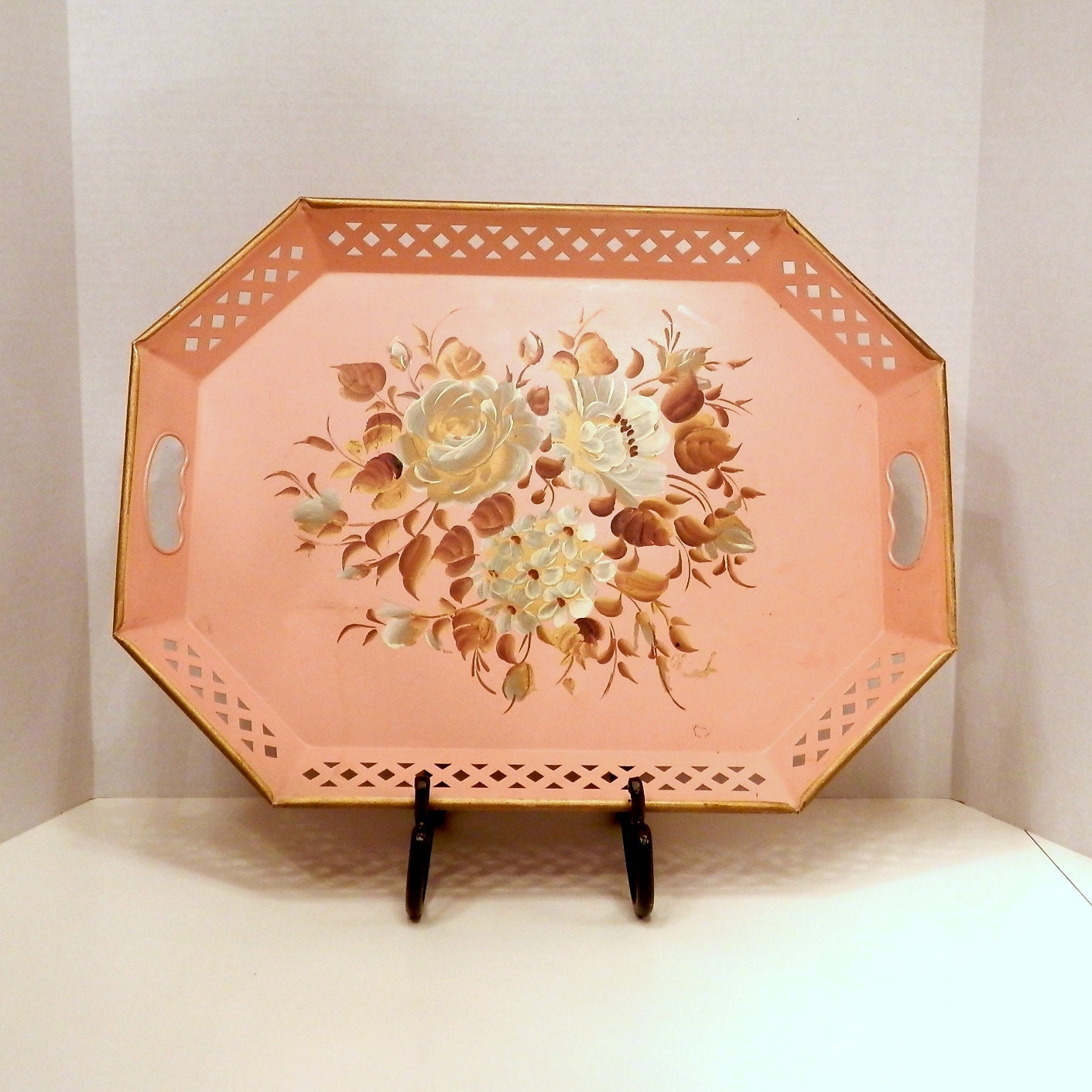 Mid Century Hand Painted Serving Tray // Rose Motif on Coral