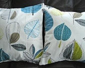 Pillows teal blue lime green gray grey maple leaf design Decorative pillow shams UK designer fabric Two 16 x 16 inch handmade