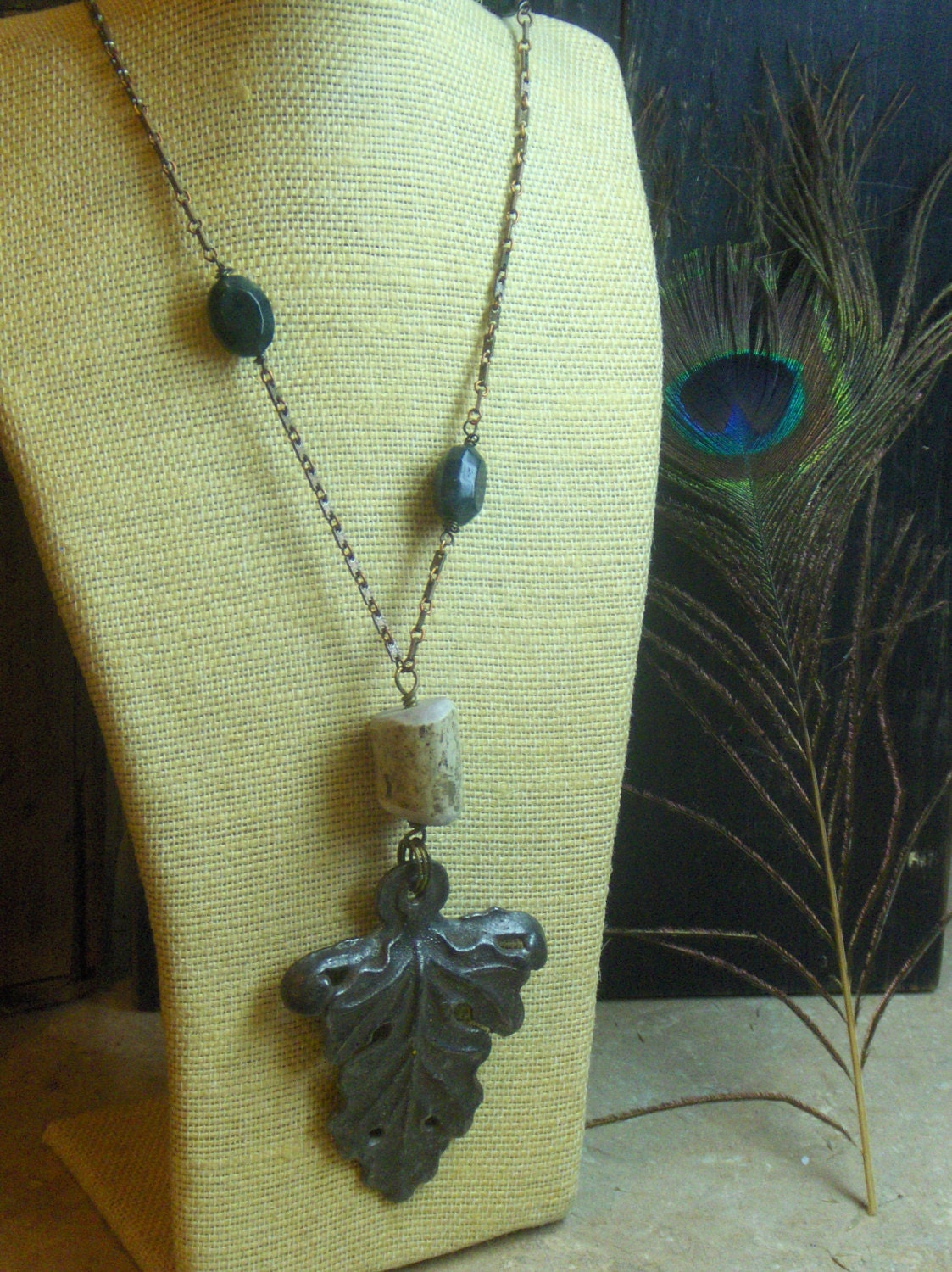 Brethren of the Woods, Vintage Metal Oak Leaf,  Forest green Moss Agate and Antler Necklace. UNISex OOAK, original